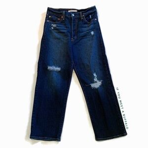 Levi's Women’s 29 Ribcage Straight Ankle Button Fly High Rise Dark Wash Destroy